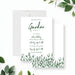 Personalized garden party birthday invitation with green botanical line art, white flowers, custom event name, date, venue, address and RSVP details-front-back