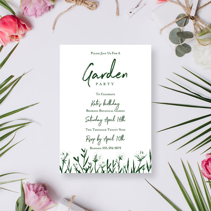 Personalized garden party birthday invitation with green botanical line art, white flowers, custom event name, date, venue, address and RSVP details-front