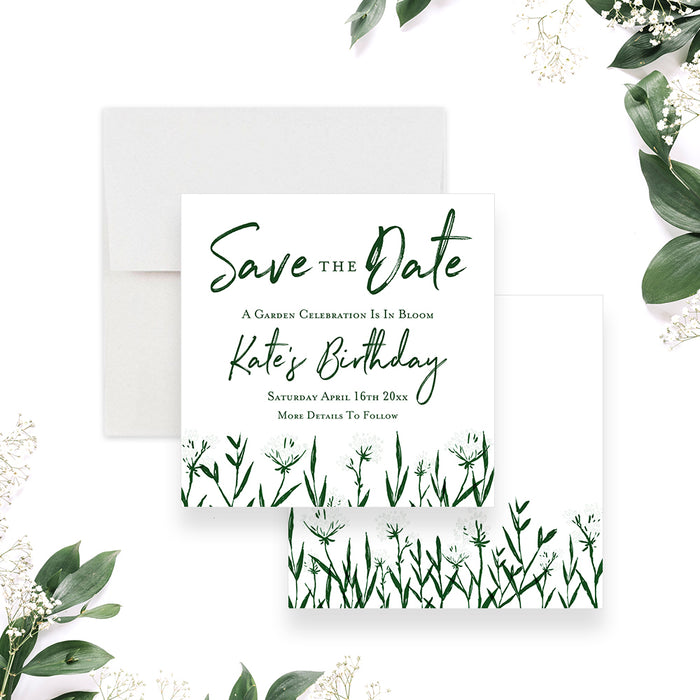 Personalized green botanical save the date card for a garden birthday party with custom name, party date, and invitation to follow wording-front-back