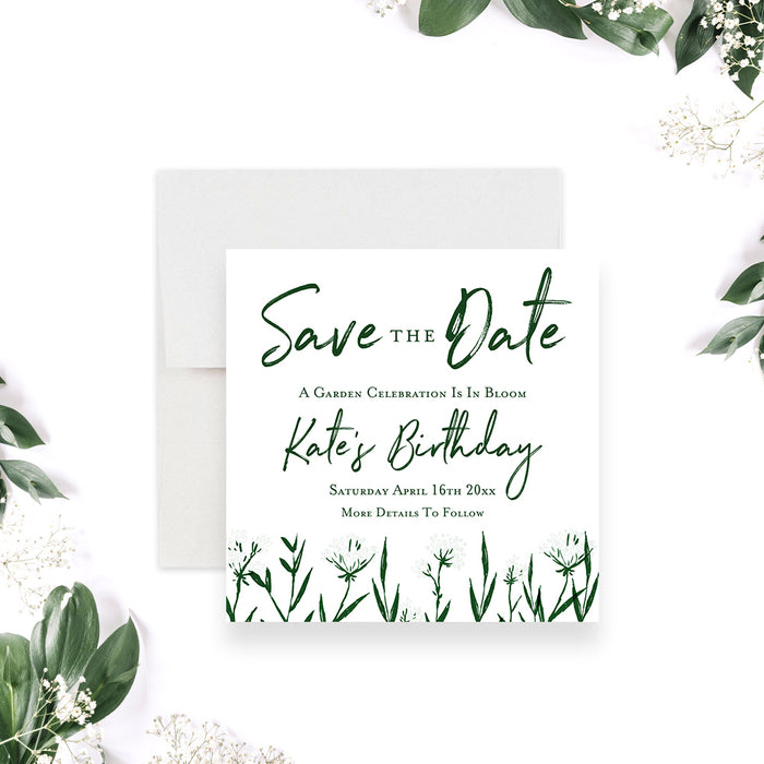 Personalized green botanical save the date card for a garden birthday party with custom name, party date, and invitation to follow wording-front