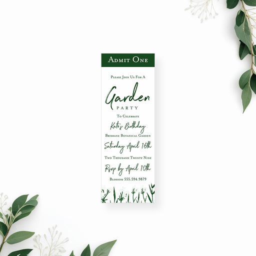 Personalized garden party birthday ticket invitation with green botanical line art and Admit One heading