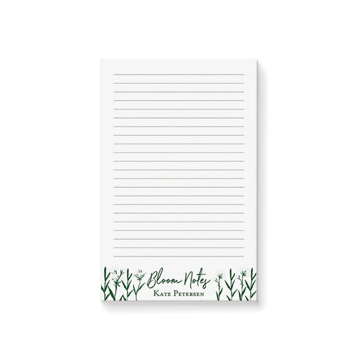 Personalized botanical notepad with lined pages, green wildflowers, Bloom Notes wording, and custom name 
