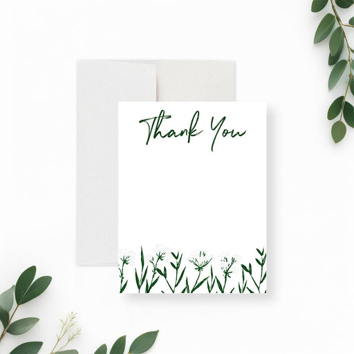 Personalized botanical thank you card with green wildflowers, Thank You lettering and space for a handwritten message-front