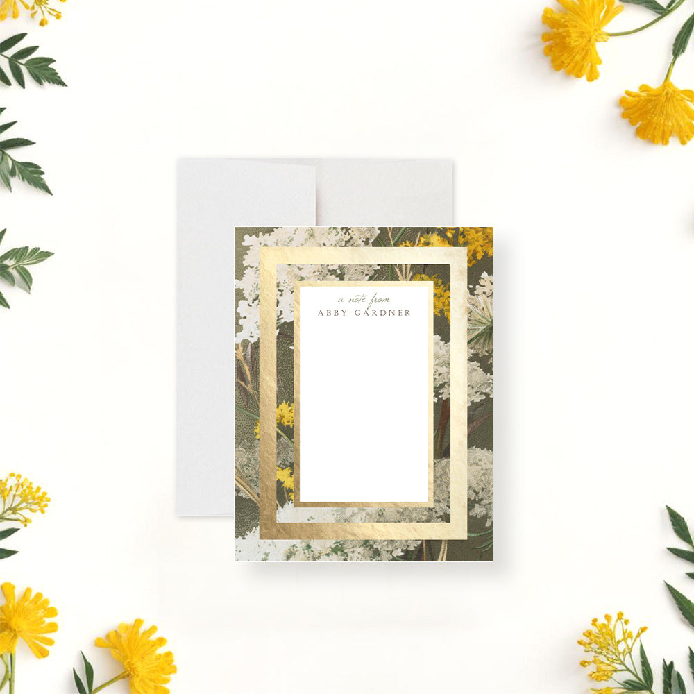 Gold Border Note Card with Floral Background Personalized
