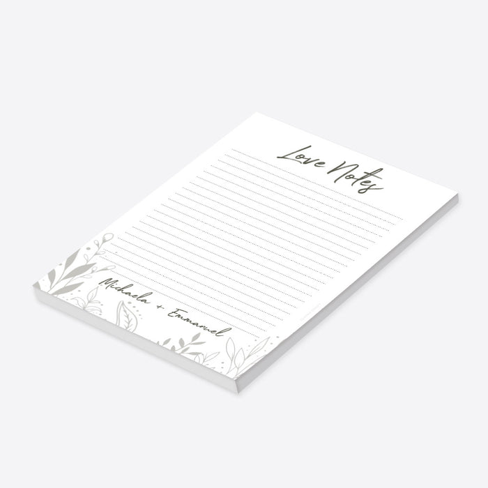 personalized botanical wedding notepad with Love Notes heading, couple names, lined writing pages, and delicate foliage illustration-side