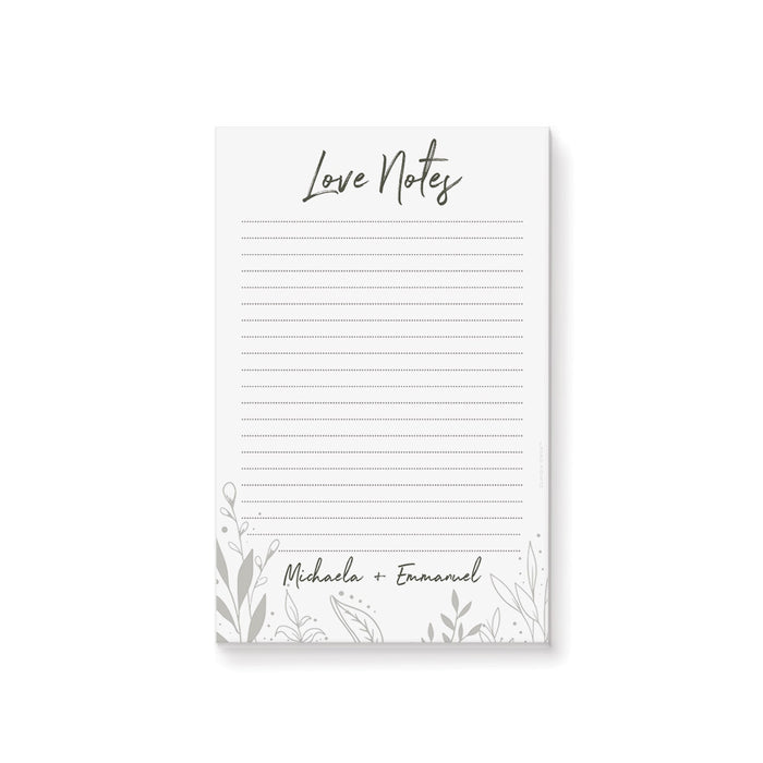 personalized botanical wedding notepad with Love Notes heading, couple names, lined writing pages, and delicate foliage illustration