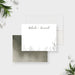 personalized botanical wedding thank you card with couple names, delicate foliage line art, white front, and moody green back design-front-back