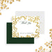Personalized green and gold botanical wedding thank you card with gold leafy border, “Thank You” script, and couple’s names-front-back
