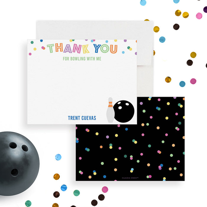 Front and back of personalized note cards with colorful thank you lettering, a bowling ball, bowling pins and a personalized name and a black back with colorful dots.