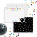 Front and back of personalized note cards with colorful thank you lettering, a bowling ball, bowling pins and a personalized name and a black back with colorful dots.