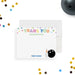 Personalized note card with colorful thank you lettering, a bowling ball, bowling pins and a personalized name, shown with a white envelope.