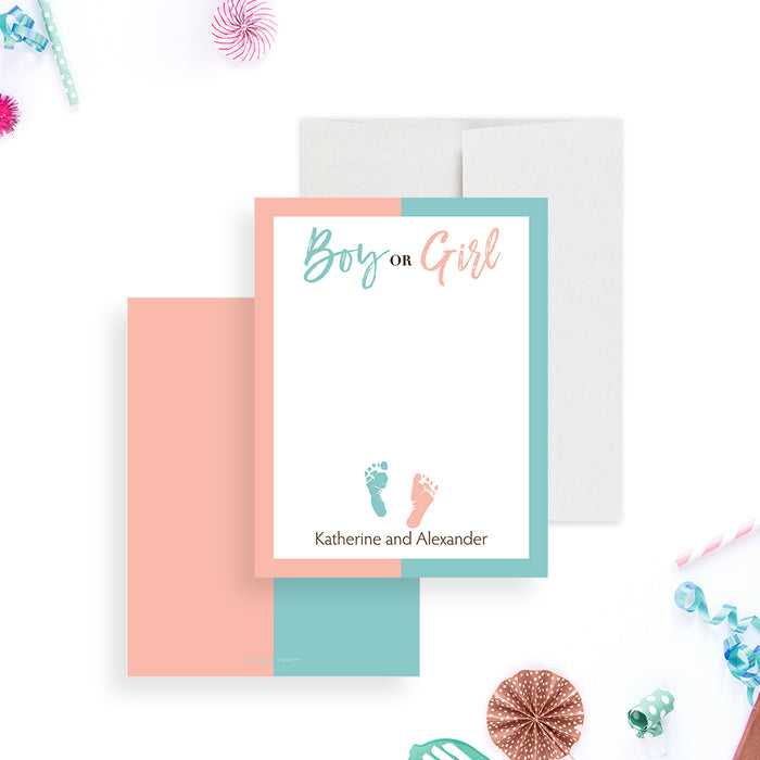 Personalized pink and blue gender reveal thank you card with Boy or Girl wording, baby footprints, parents-to-be’s names, and blank writing area-front-back