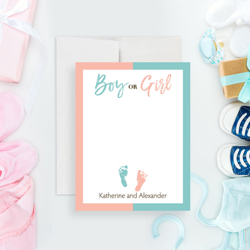 Personalized pink and blue gender reveal thank you card with Boy or Girl wording, baby footprints, parents-to-be’s names, and blank writing area-front