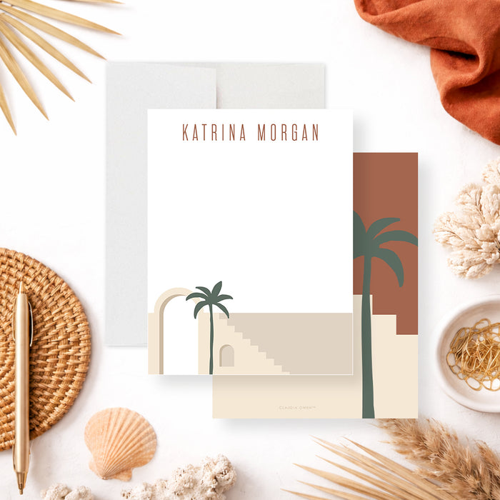 Front and back of a personalized boho note card with custom name, desert arches, green palm tree, terracotta and neutral accents-front-back