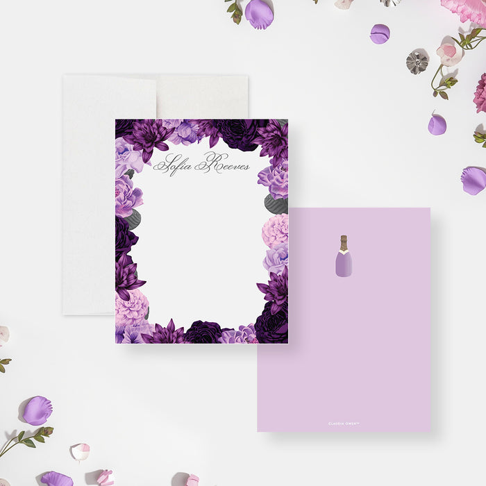 personalized purple floral thank you card with lavender and plum flowers, custom name, blank writing space, and champagne bottle accent-front-back
