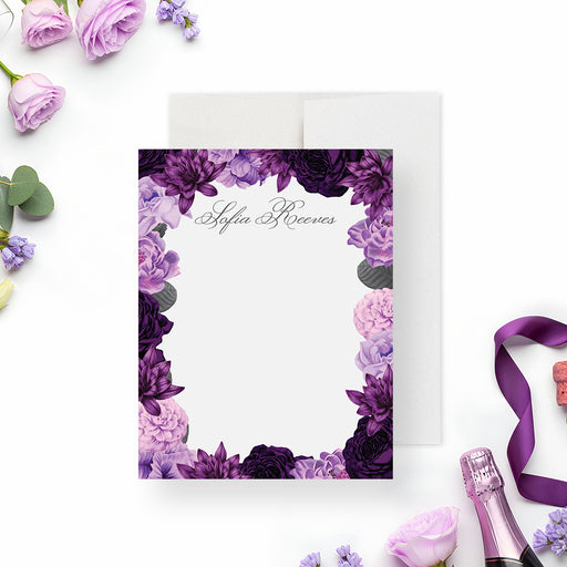 personalized purple floral thank you card with lavender and plum flowers, custom name, blank writing space, and champagne bottle accent-front