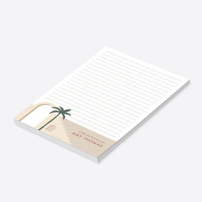 Personalized lined bridal shower notepad with desert architecture, green palm tree, terracotta lettering and the bride’s name-side