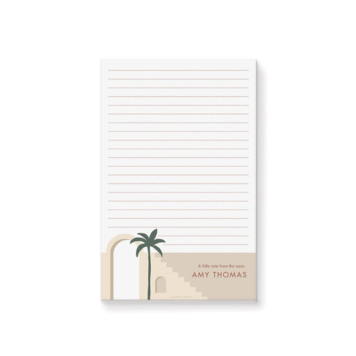Personalized lined bridal shower notepad with desert architecture, green palm tree, terracotta lettering and the bride’s name