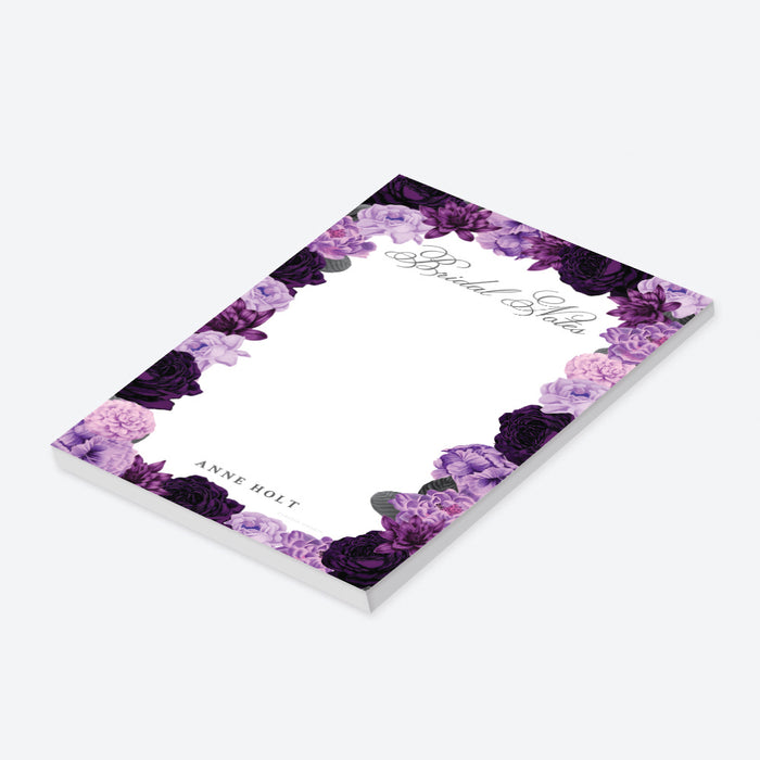 personalized purple floral bridal shower notepad with Bridal Notes heading, lavender and dark purple flowers, custom name, and lined writing space-side