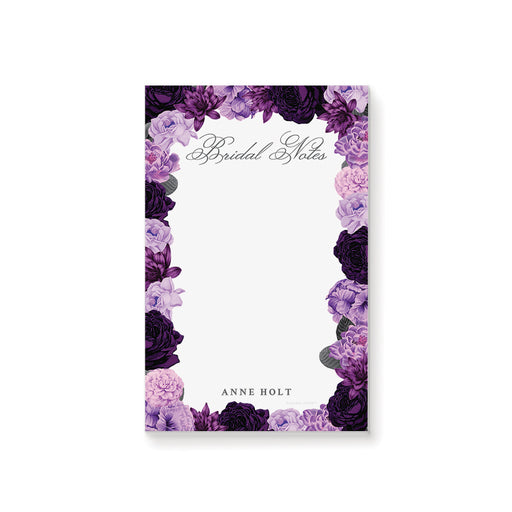 personalized purple floral bridal shower notepad with Bridal Notes heading, lavender and dark purple flowers, custom name, and lined writing space