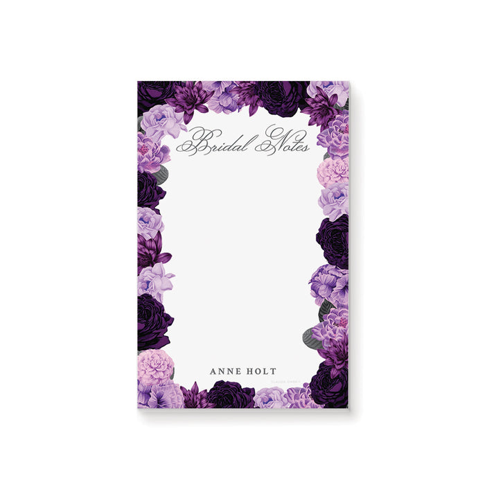 personalized purple floral bridal shower notepad with Bridal Notes heading, lavender and dark purple flowers, custom name, and lined writing space