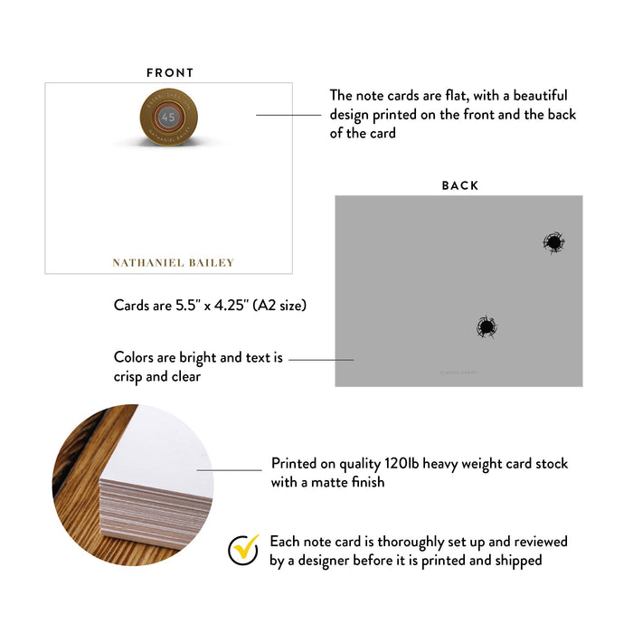 Front and back of personalized bullet casing note cards showing A2 dimensions and matte cardstock details.