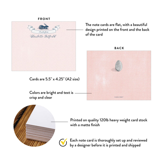 Product details graphic for personalized bunny and easter egg note cards, showing front and back designs, A2 size, and matte cardstock.