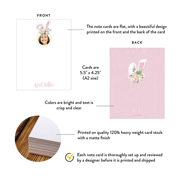 Product details graphic for personalized bunny photo note cards, showing front and back designs, A2 size, and matte cardstock.