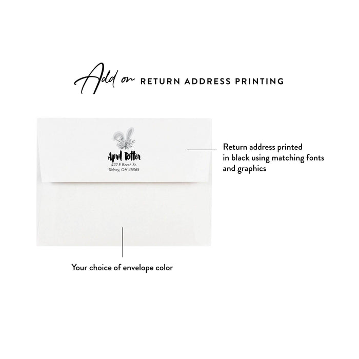 Example of optional return address printing in black ink on a white envelope flap for personalized bunny photo note cards.