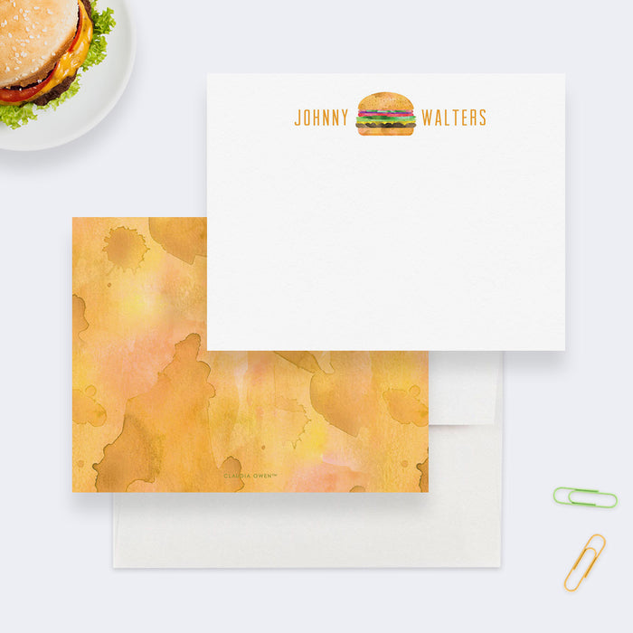 Personalized burger note card with colorful hamburger illustration and custom name-front-back