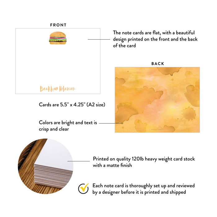 Specifications graphic showing the front and back of personalized burger note cards for bbq party thank yous, A2 size 5.5 × 4.25 inches and matte cardstock.