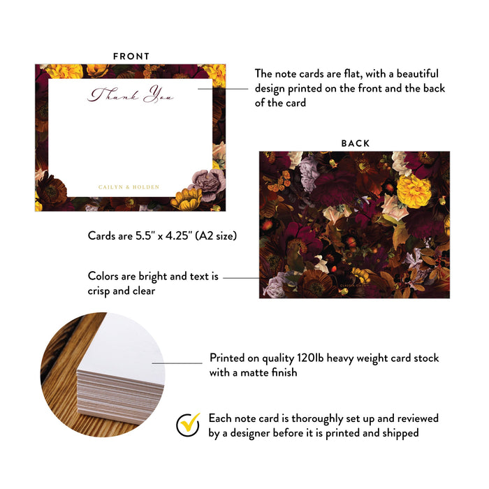 Specifications graphic showing the front and back of personalized burgundy floral wedding thank you cards, A2 size 5.5 × 4.25 inches and matte cardstock.