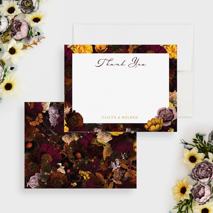 Front and back of personalized note cards with a dark burgundy floral frame, thank you wording and personalized names and a coordinating dark floral back.