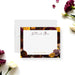 Personalized note card with a dark burgundy floral frame, thank you wording and personalized names, shown with a white envelope.