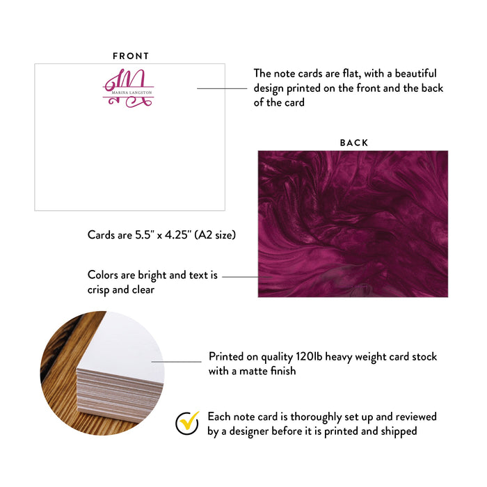 Specifications graphic showing the front and back of personalized burgundy marble monogram note cards, A2 size 5.5 × 4.25 inches and matte cardstock.