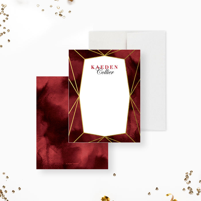 Personalized burgundy watercolor note cards with a white geometric writing panel, printed gold lines and a burgundy watercolor reverse.