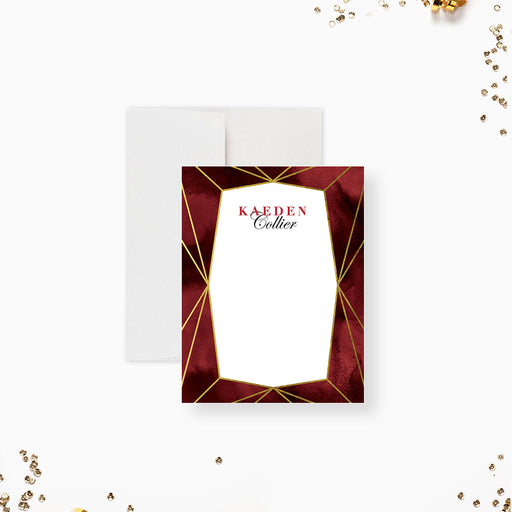 Personalized burgundy watercolor note cards with a white geometric writing panel, printed gold lines and a burgundy watercolor reverse.