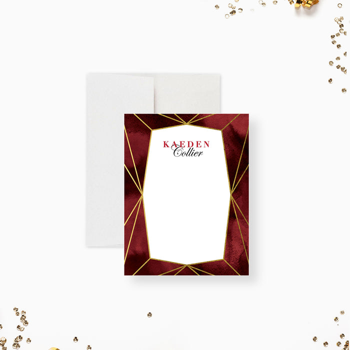 Personalized burgundy watercolor note cards with a white geometric writing panel, printed gold lines and a burgundy watercolor reverse.