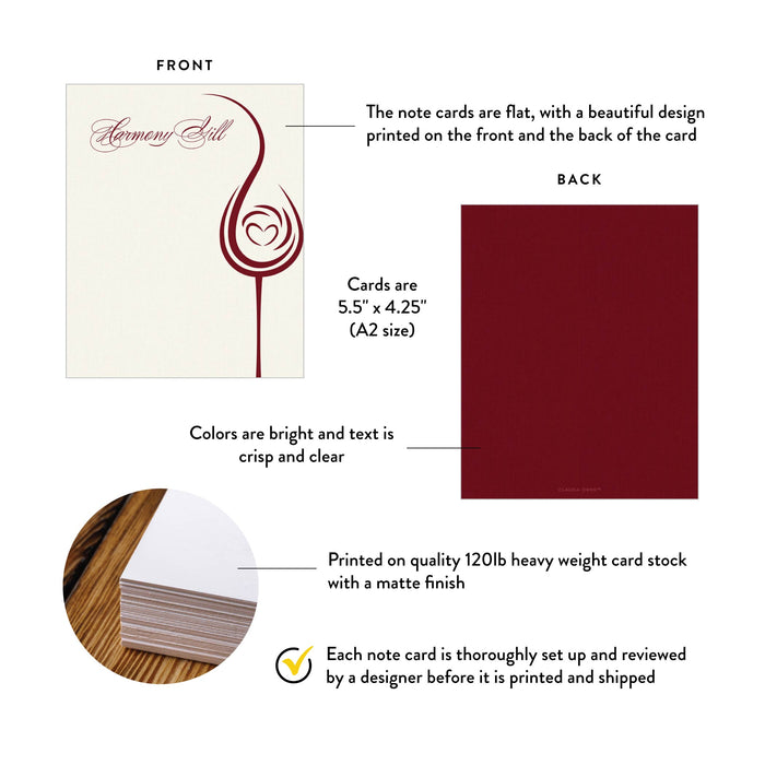 Front and back of personalized burgundy wine glass heart note cards with A2 size and matte cardstock details.
