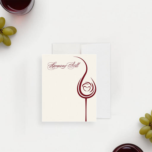 Cream personalized note card with a burgundy wine glass and heart line illustration and a script name.