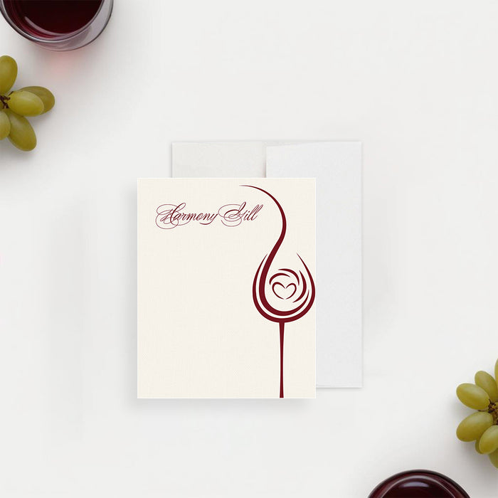 Cream personalized note card with a burgundy wine glass and heart line illustration and a script name.