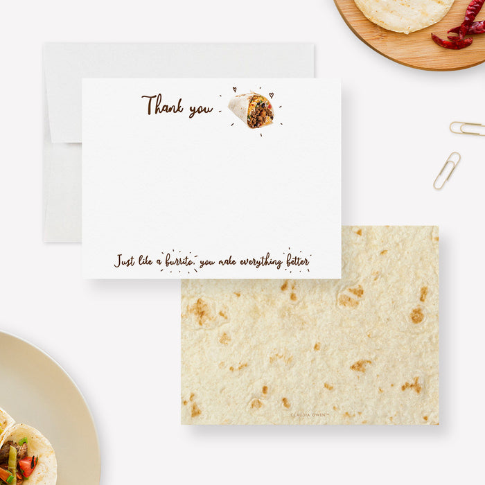 Funny burrito thank you card with personalized name and cute food-themed message-front-back