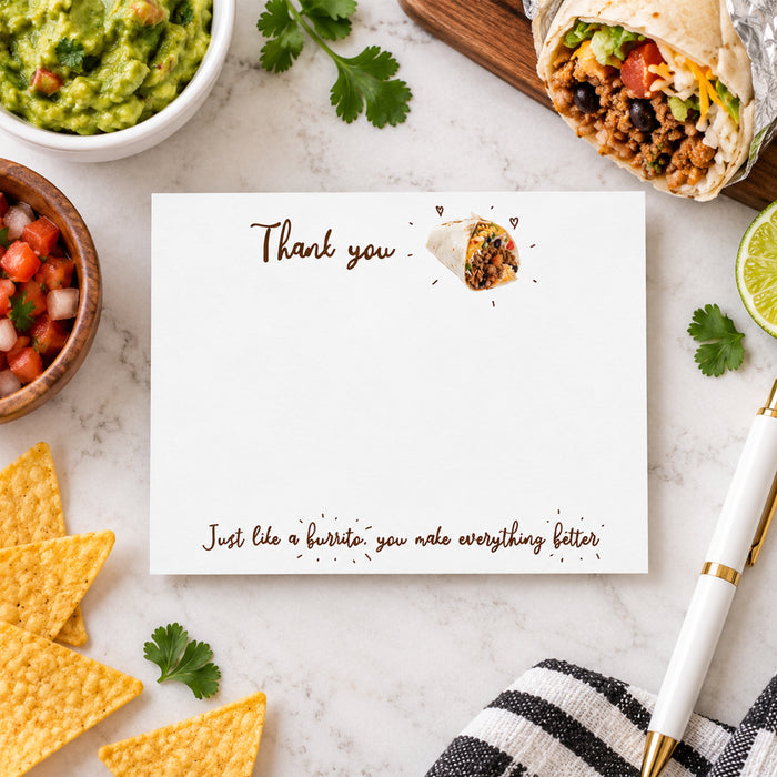 Funny burrito thank you card with personalized name and cute food-themed message-front