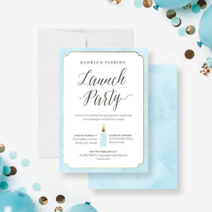 Personalized business launch party invitation with company name, large Launch Party script, pale blue champagne bottle, blue border and custom event details-front-back