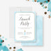 Personalized business launch party invitation with company name, large Launch Party script, pale blue champagne bottle, blue border and custom event details-front-back