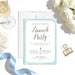 Personalized business launch party invitation with company name, large Launch Party script, pale blue champagne bottle, blue border and custom event details-front
