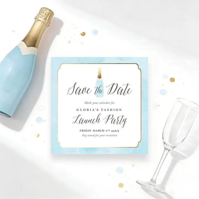 Personalized grand opening save the date card with company name, Launch Party wording, blue champagne bottle, pale blue border and event date-front