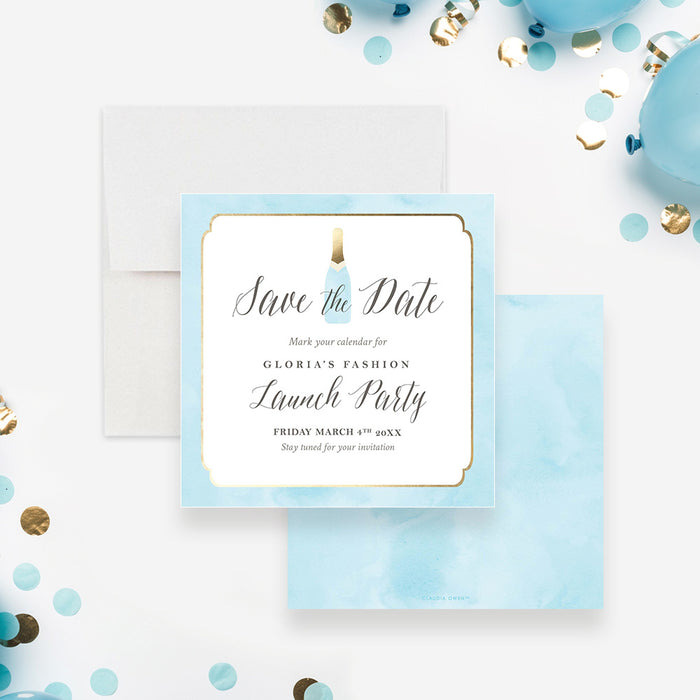 Personalized grand opening save the date card with company name, Launch Party wording, blue champagne bottle, pale blue border and event date-front-back