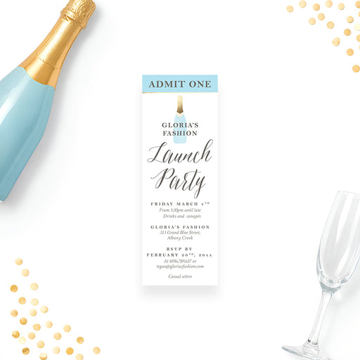 Personalized business launch party ticket invitation with Admit One heading, blue champagne bottle, company name and custom event details