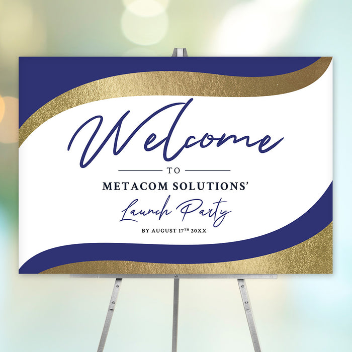 Personalized blue and gold business launch party welcome sign with custom company name, launch party wording and event date